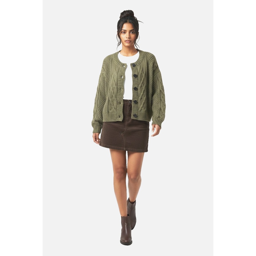 Panache Chunky Cable Knit Cardigan Sweater Women's XL Olive Green Button Up EUC